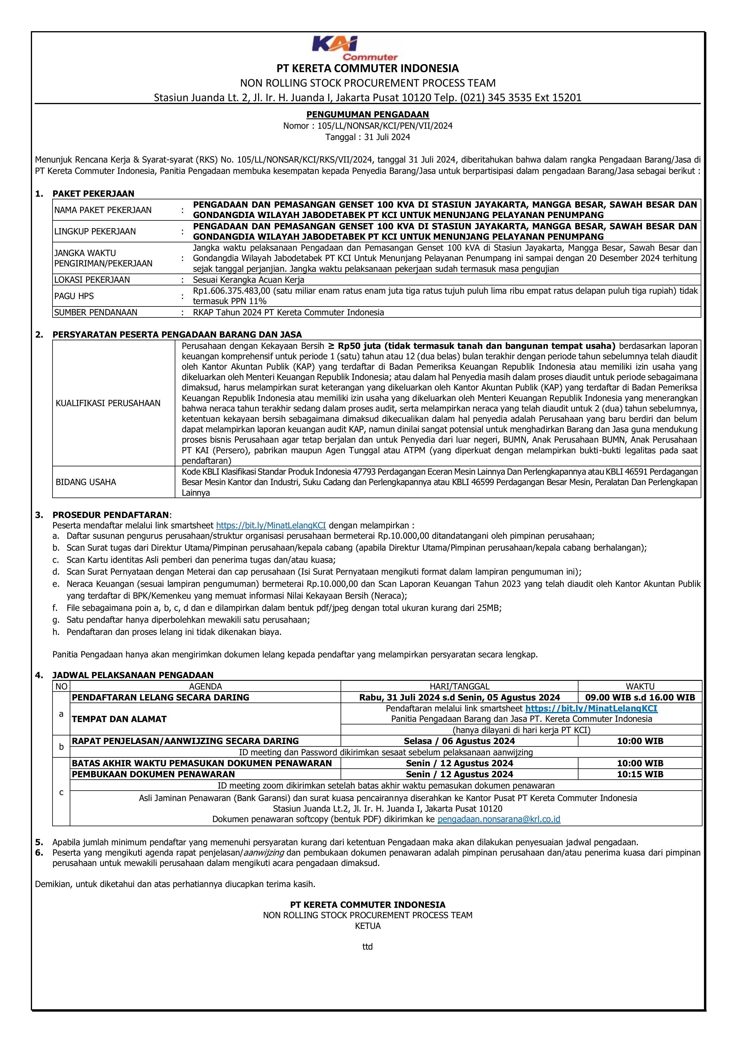 2 pengumuman 105 pengadaan dan pemasangan genset 100 kva